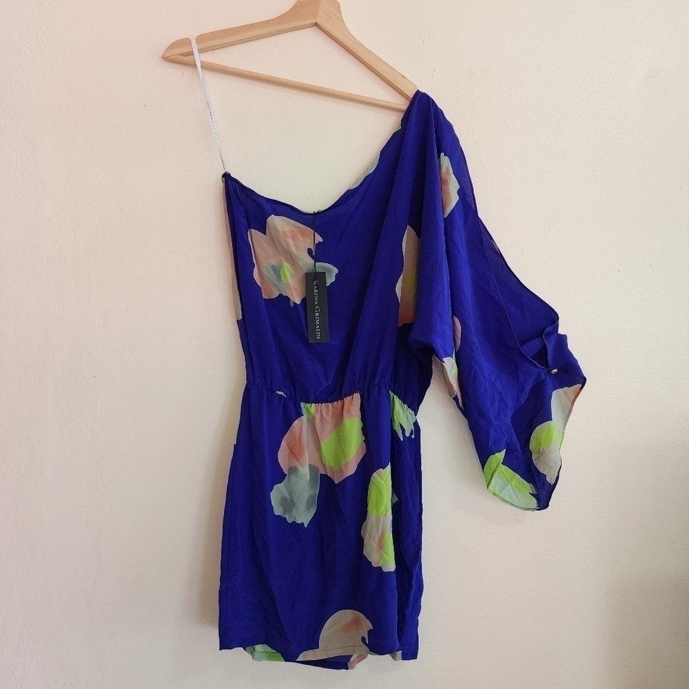 Karina Grimaldi One-Shoulder Floral Dress in Royal Blue